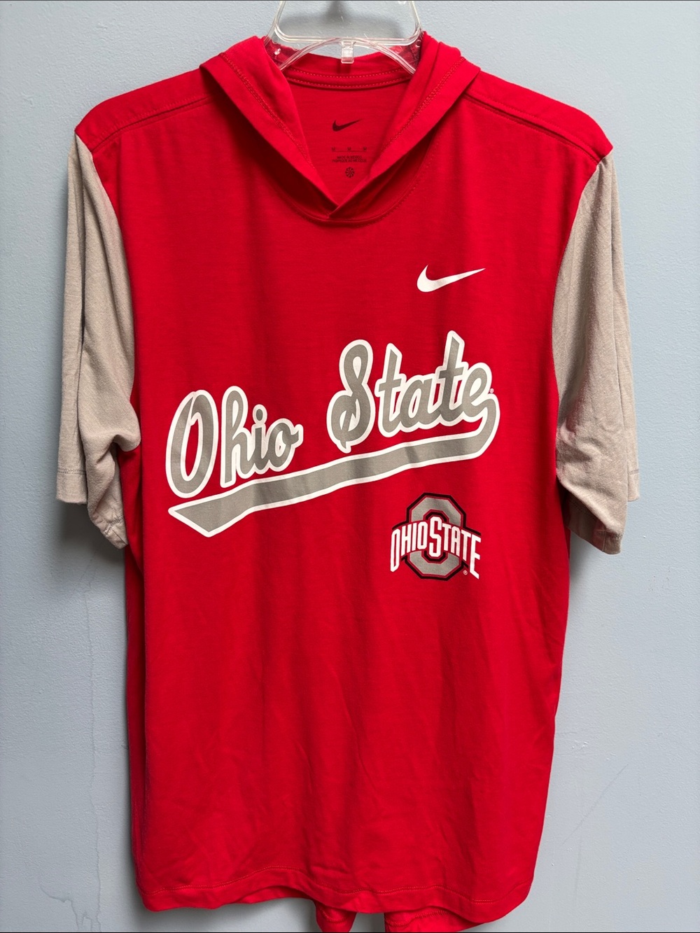 Nike Ohio State Buckeyes Script Short Sleeve Hoodie Shirt Scarlet and Grey